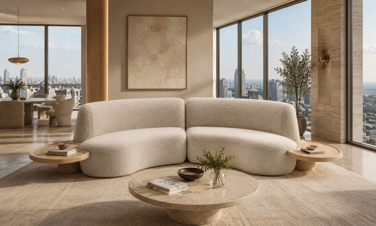 Luna Curve Bouclé Modular Sofa with Integrated Oak Side Tables