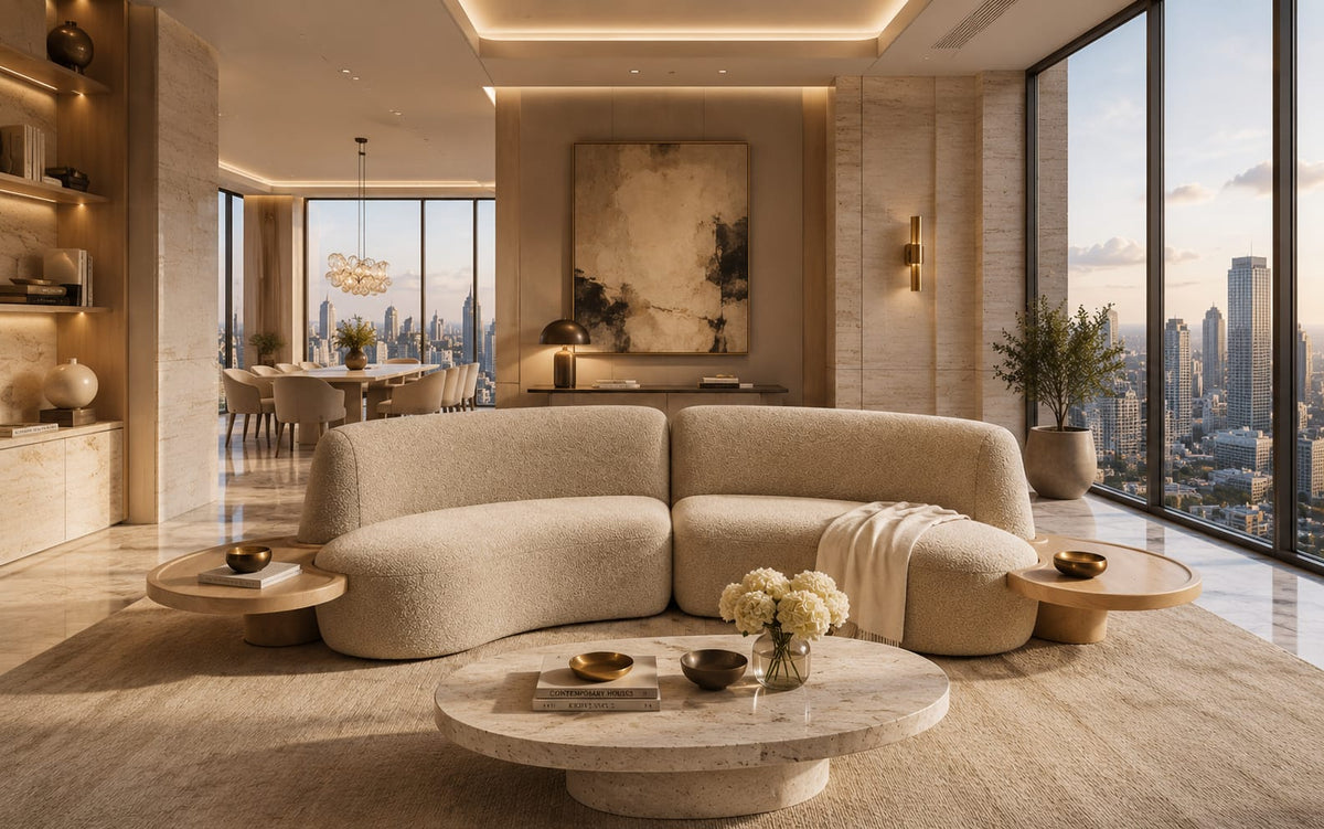 Luna Curve Bouclé Modular Sofa with Integrated Oak Side Tables