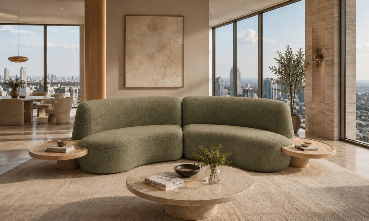Luna Curve Bouclé Modular Sofa with Integrated Oak Side Tables