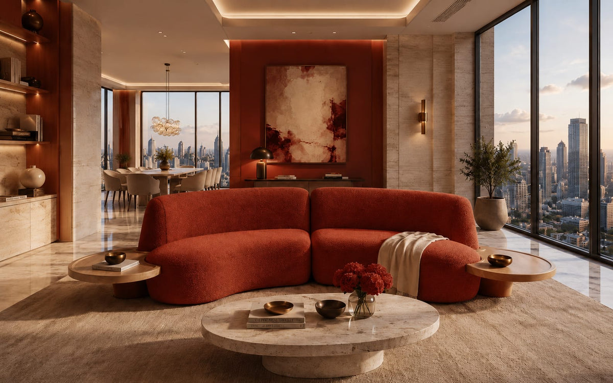 Luna Curve Bouclé Modular Sofa with Integrated Oak Side Tables